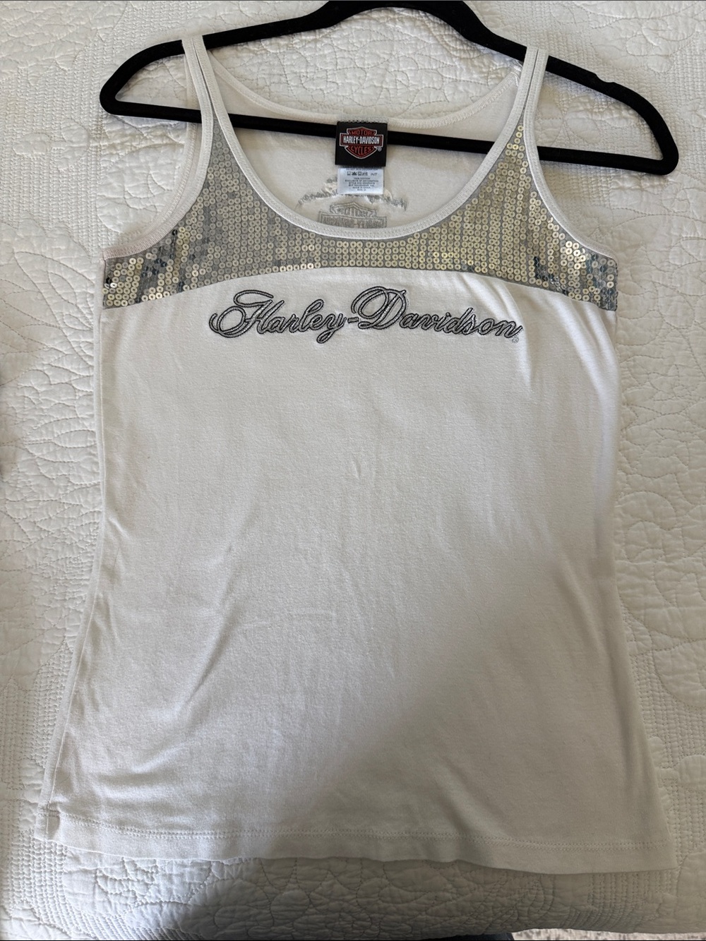 Harley-Davidson White Tank with Silver Sequin Yoke